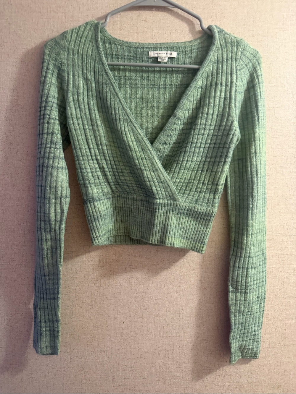 American Eagle Outfitters Light Green Ribbed Wrap Crop Sweater